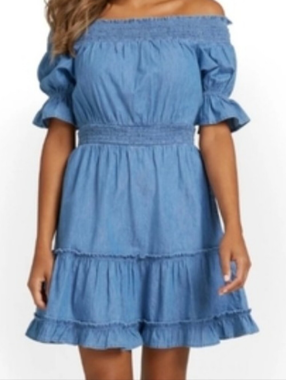 NY&CO Blue Denim Cotton Off-Shoulder Dress Size M Smocked Boho Cottagecore